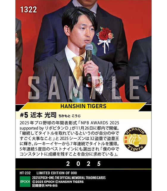 【近本光司】最多盗塁者賞、ベストナイン賞(外野手)「NPB AWARDS 2025 supported by リポビタンD」(25.11.26)