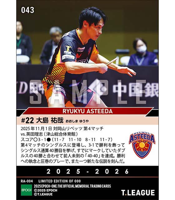 【大島祐哉】Tリーグ男子史上前人未到の「40-40」達成（25.11.1）